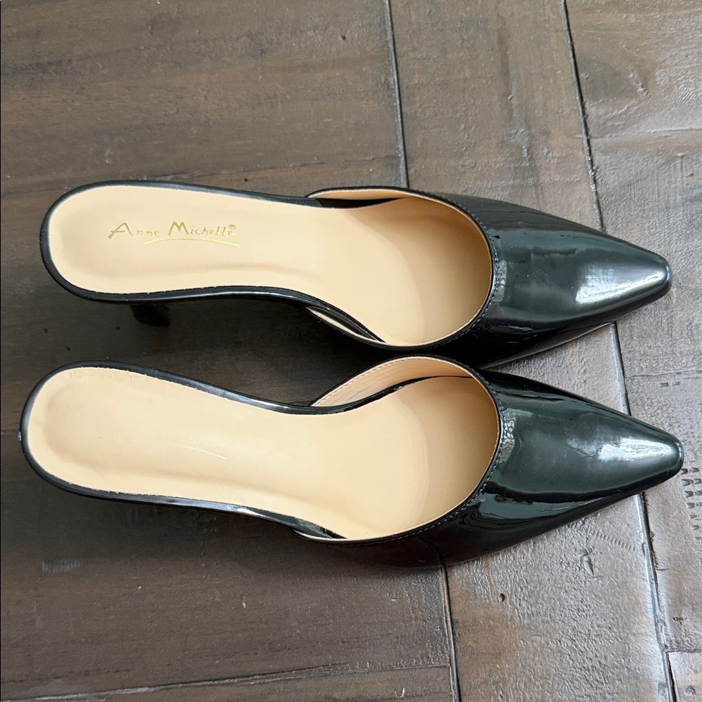 Anne Michelle Black Patent Pointed Toe Slip-On Mules